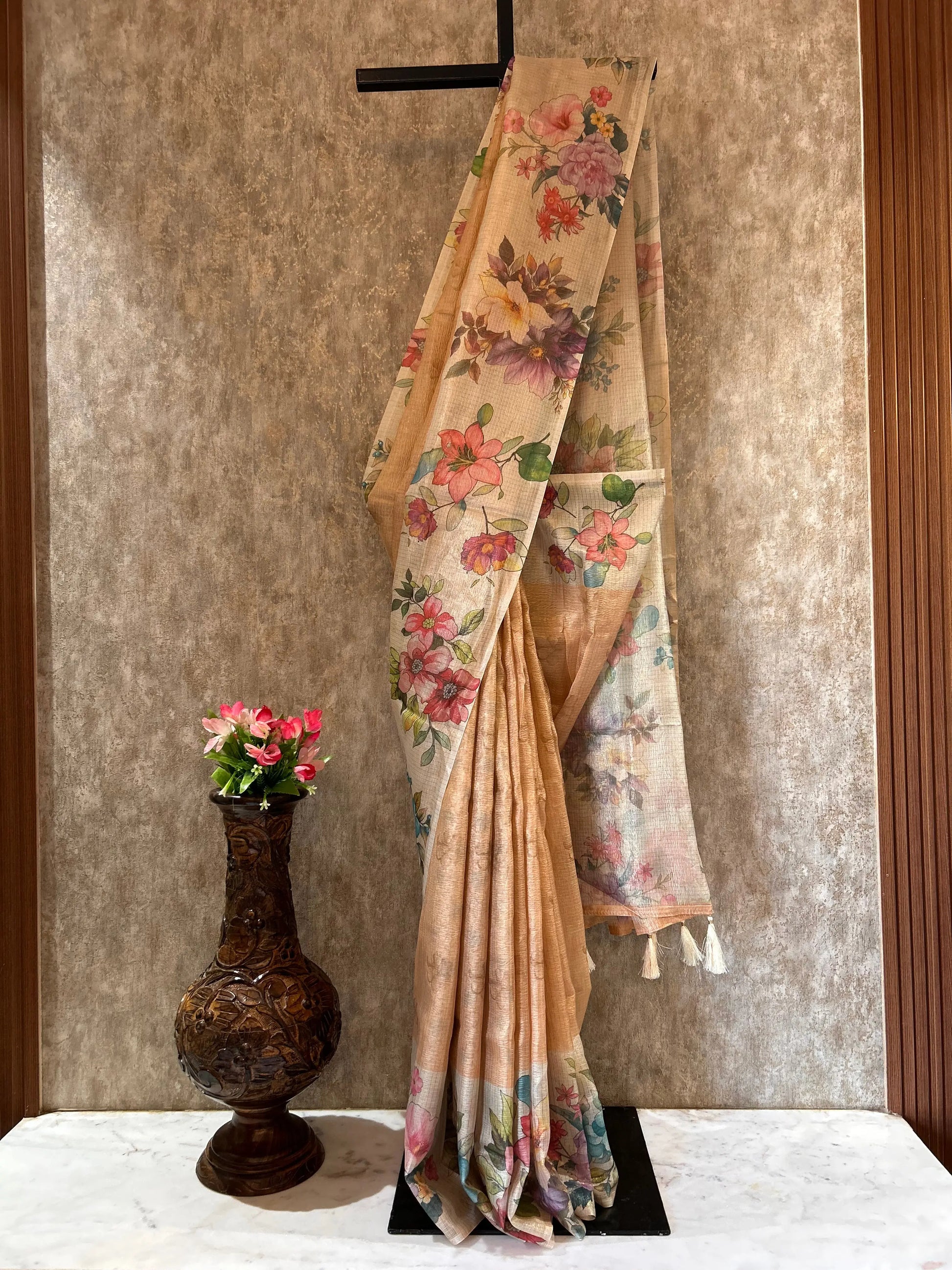 Peach Color Tissue Designer Saree with Floral Print