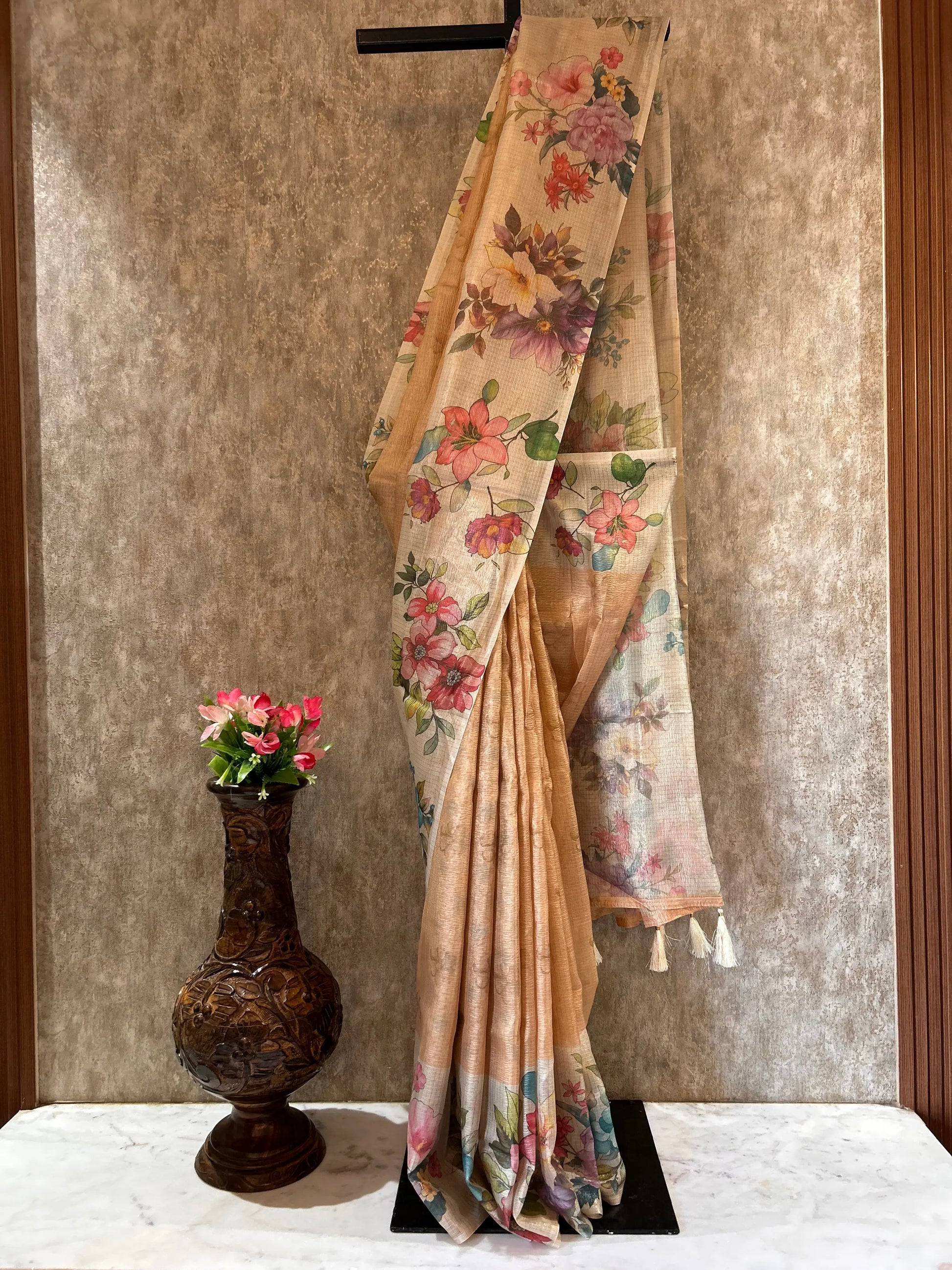 Peach Color Tissue Designer Saree with Floral Print