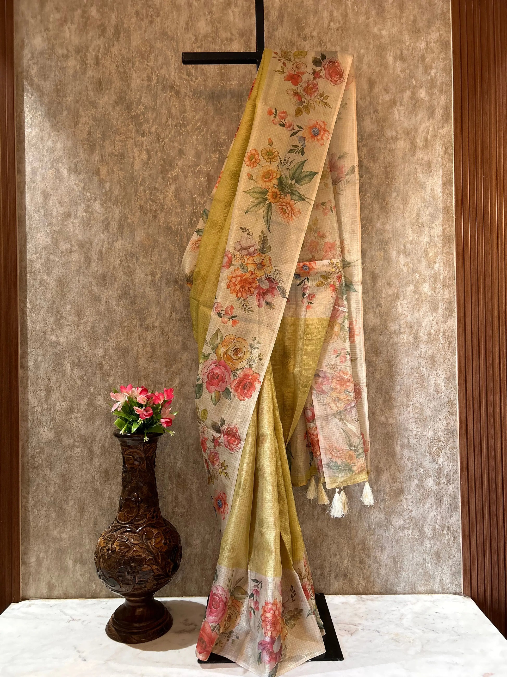 Green Color Tissue Designer Saree with Floral Print