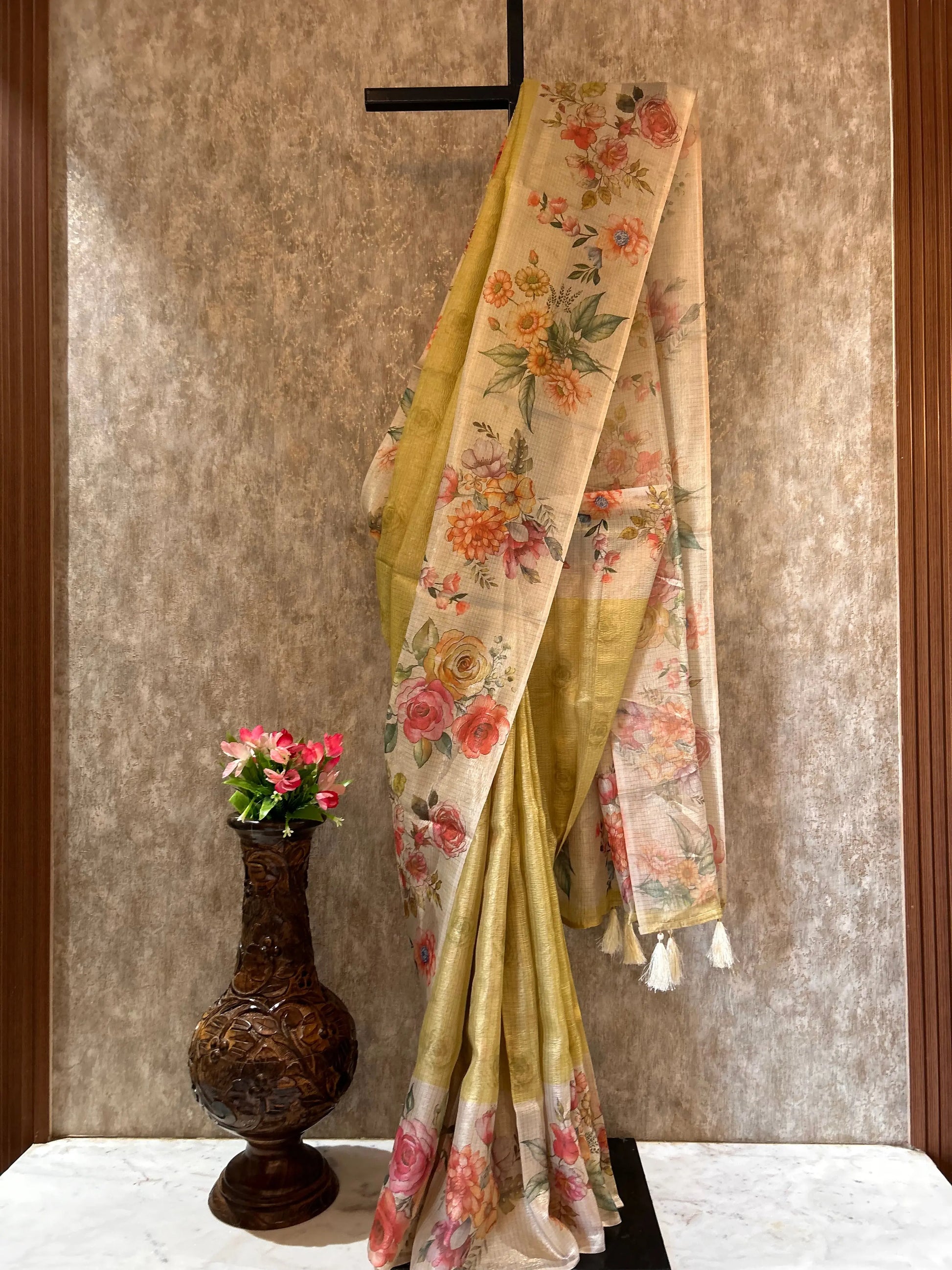 Green Color Tissue Designer Saree with Floral Print