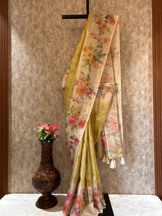 Green Color Tissue Designer Saree with Floral Print