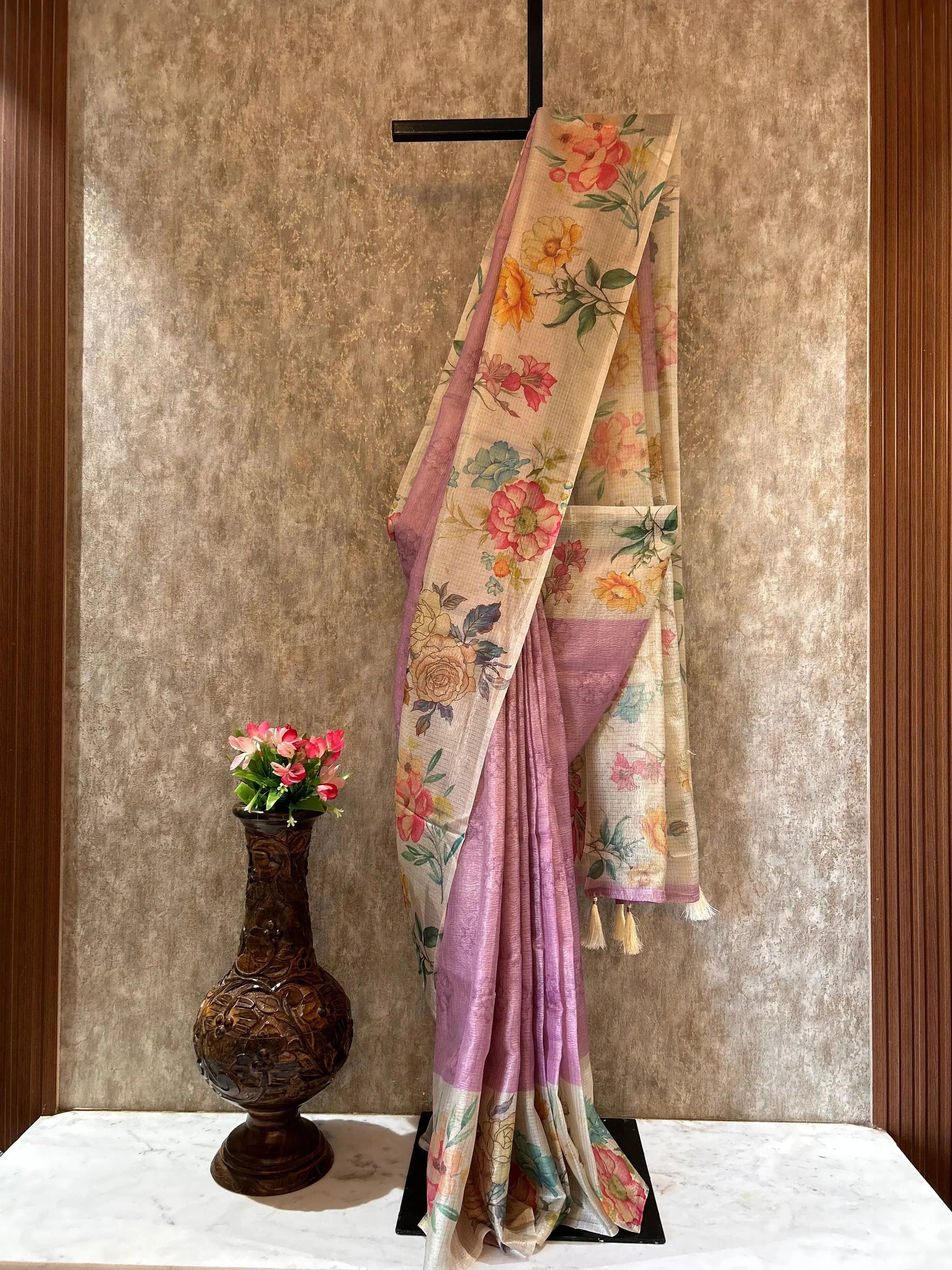 Lavender Color Tissue Designer Saree with Floral Print