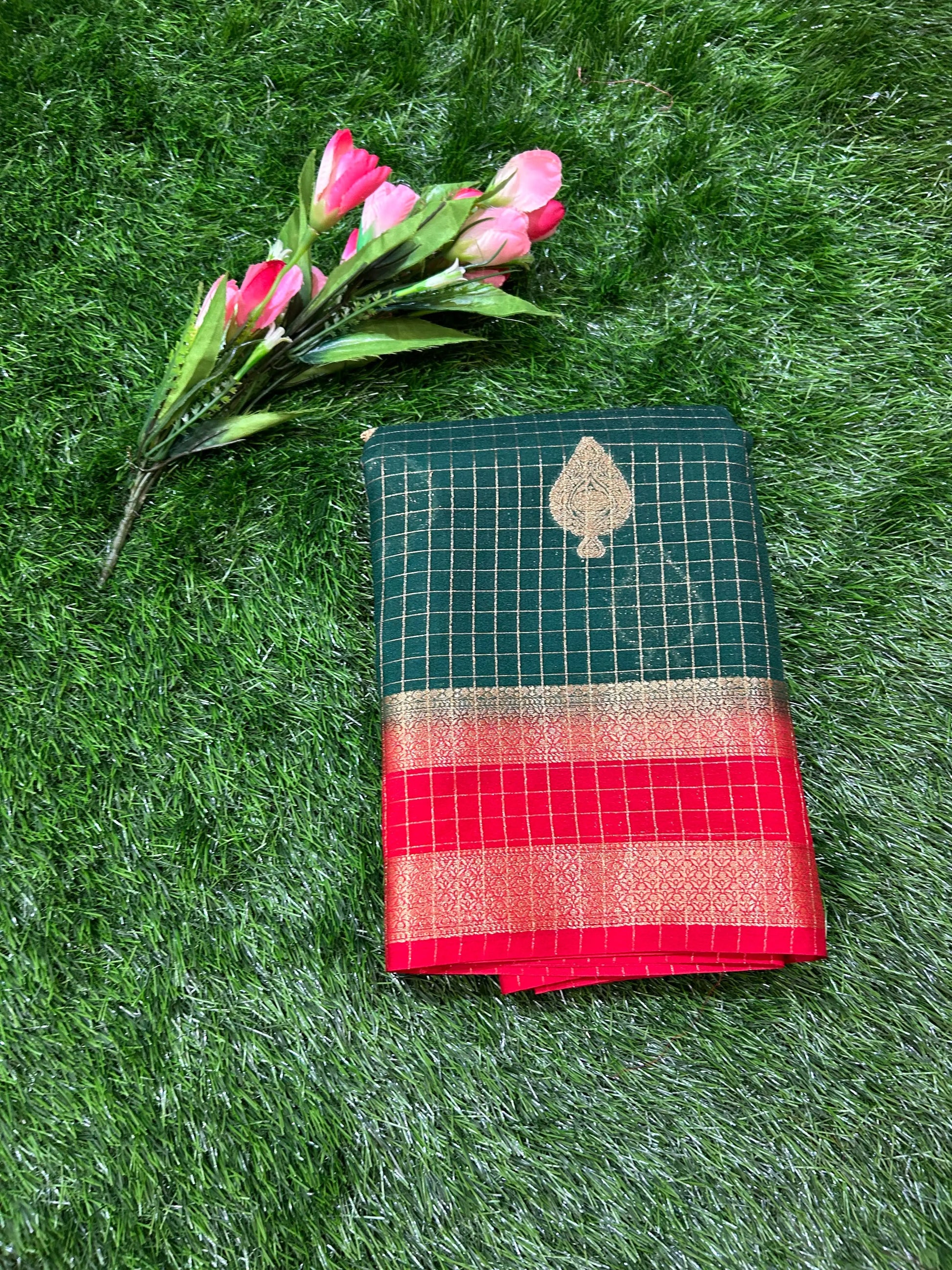 Green with Red Color Crepe blended semi Mysore Silk Saree with Zari Checks, Buta and Rich Pallu, Blouse Mandira Silks