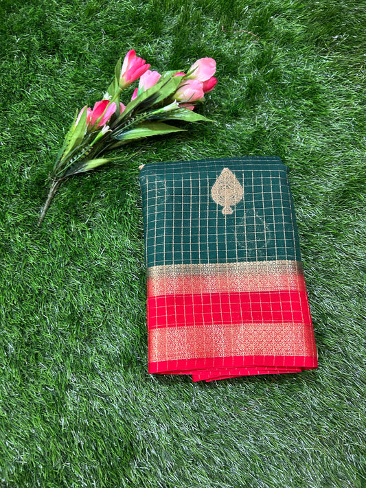 Green with Red Color Crepe blended semi Mysore Silk Saree with Zari Checks, Buta and Rich Pallu, Blouse Mandira Silks
