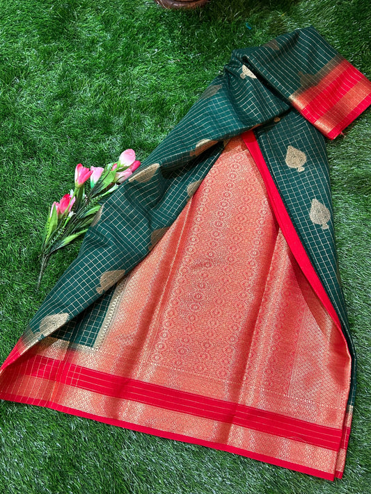 Green with Red Color Crepe blended semi Mysore Silk Saree with Zari Checks, Buta and Rich Pallu, Blouse Mandira Silks