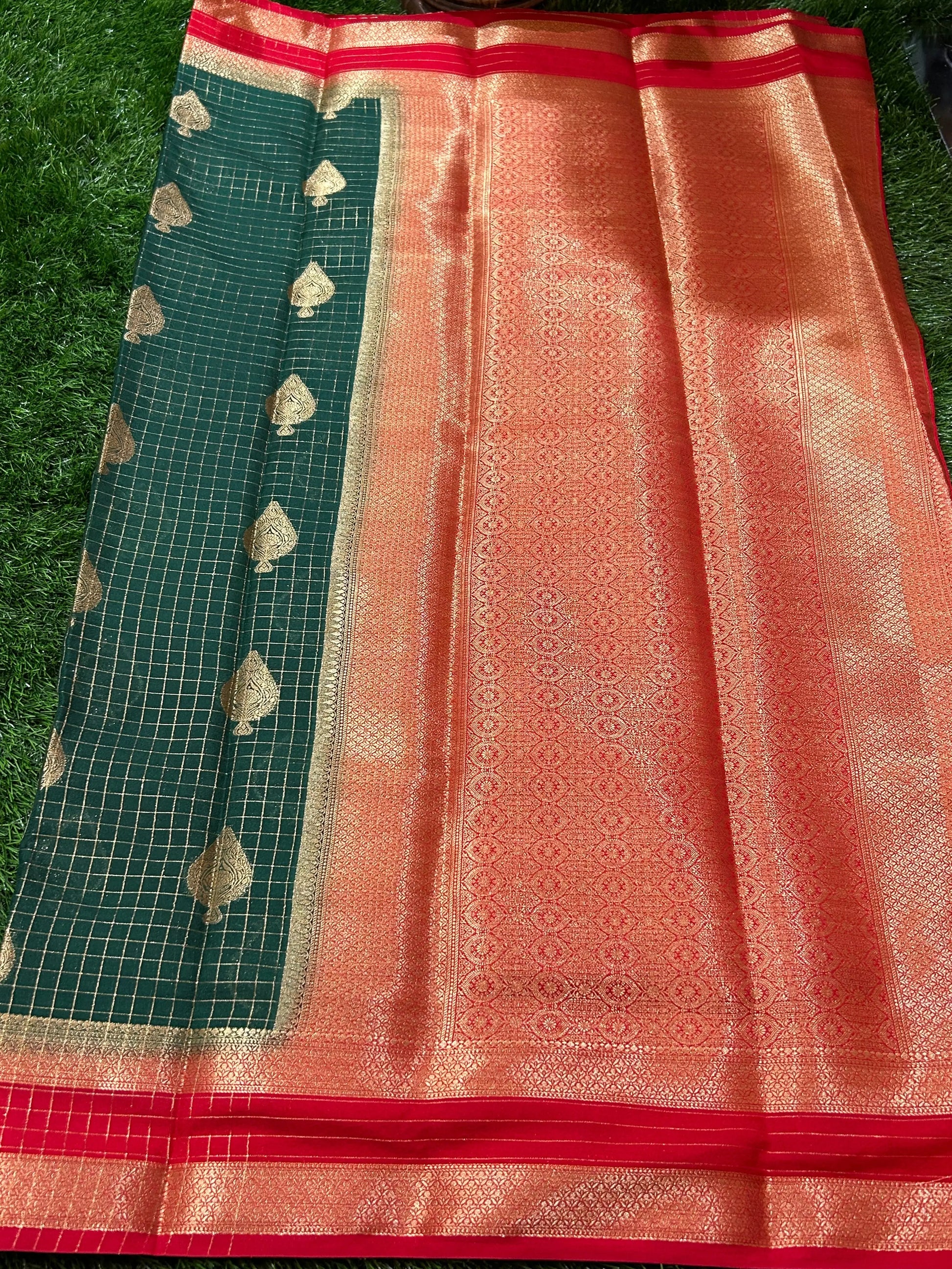 Green with Red Color Crepe blended semi Mysore Silk Saree with Zari Checks, Buta and Rich Pallu, Blouse Mandira Silks