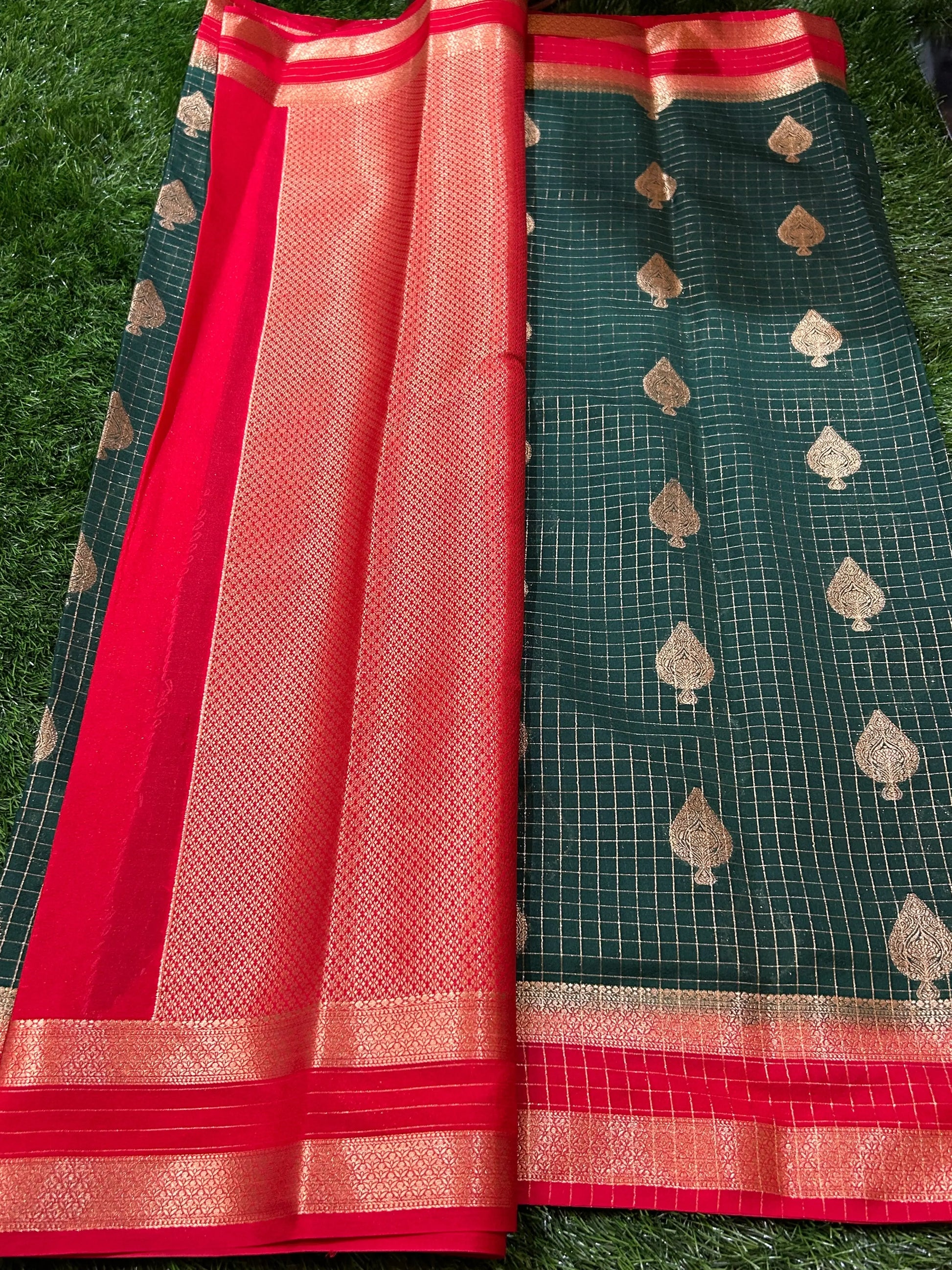 Green with Red Color Crepe blended semi Mysore Silk Saree with Zari Checks, Buta and Rich Pallu, Blouse Mandira Silks