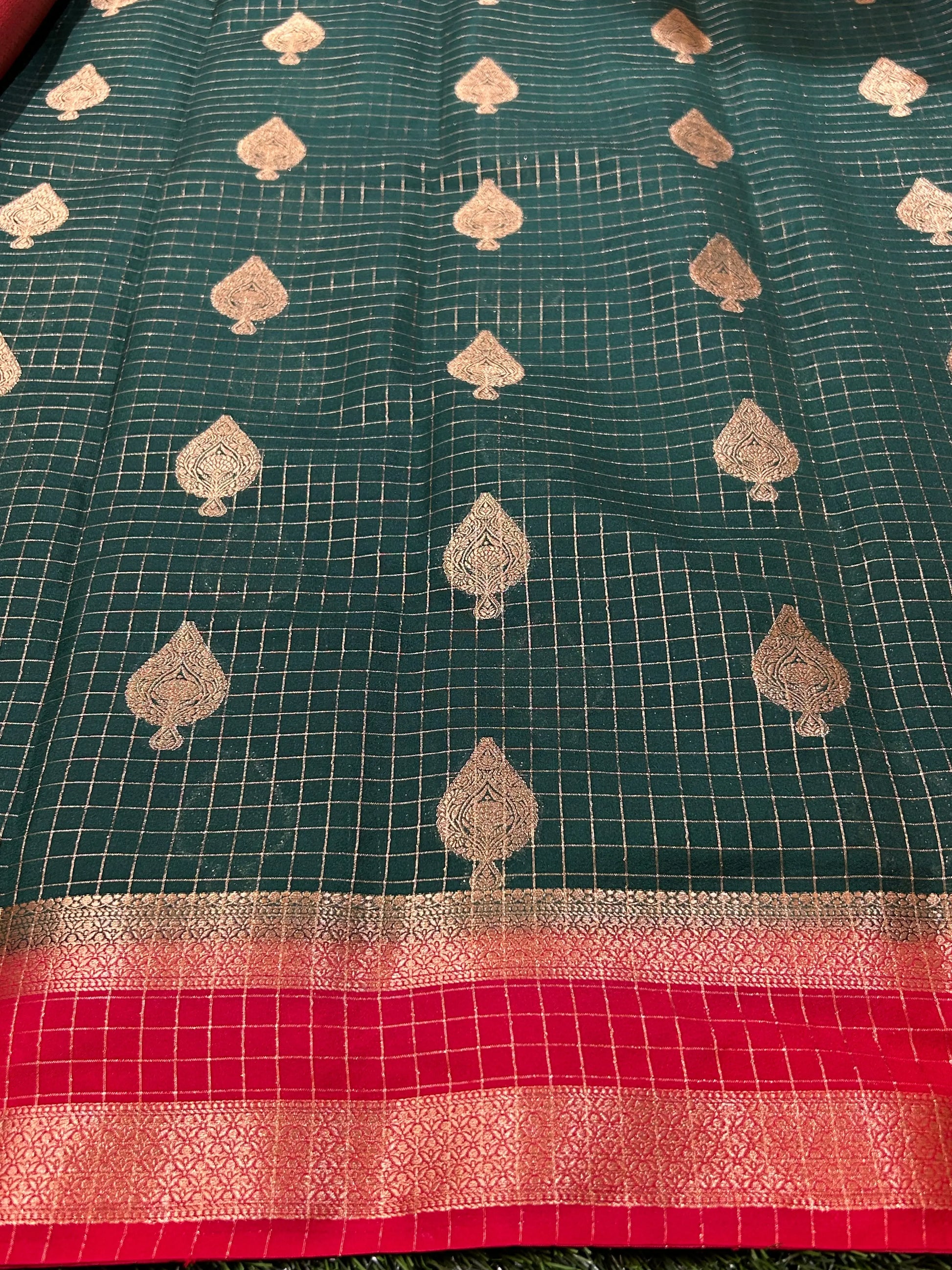 Green with Red Color Crepe blended semi Mysore Silk Saree with Zari Checks, Buta and Rich Pallu, Blouse Mandira Silks
