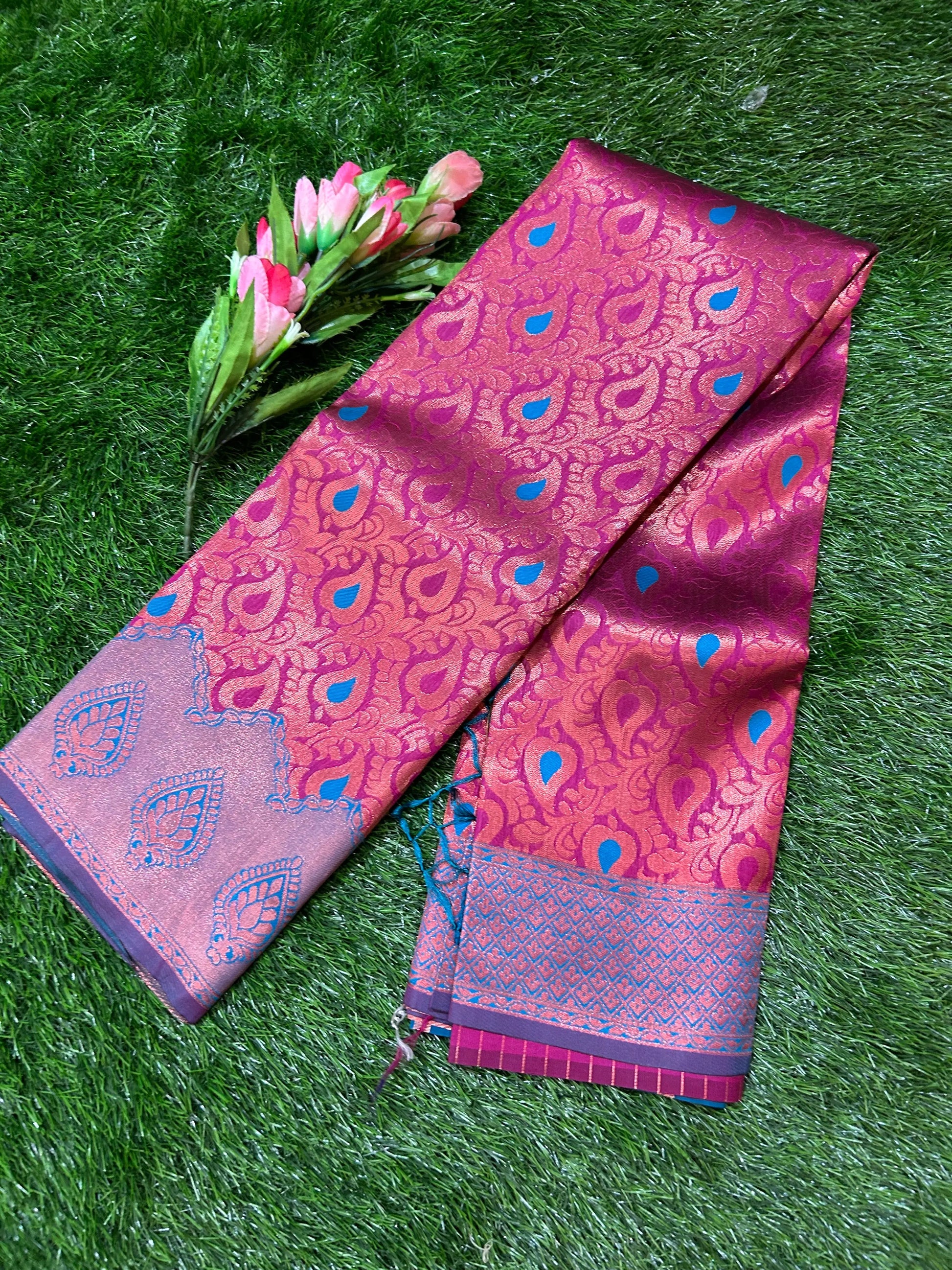 Pink Color Semi Silk Saree with contrast Border for festive wear Mandira Silks
