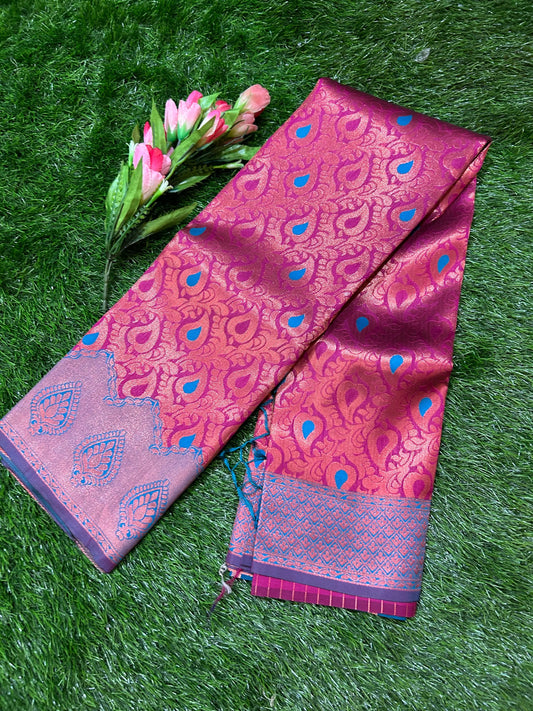 Pink Color Semi Silk Saree with contrast Border for festive wear Mandira Silks