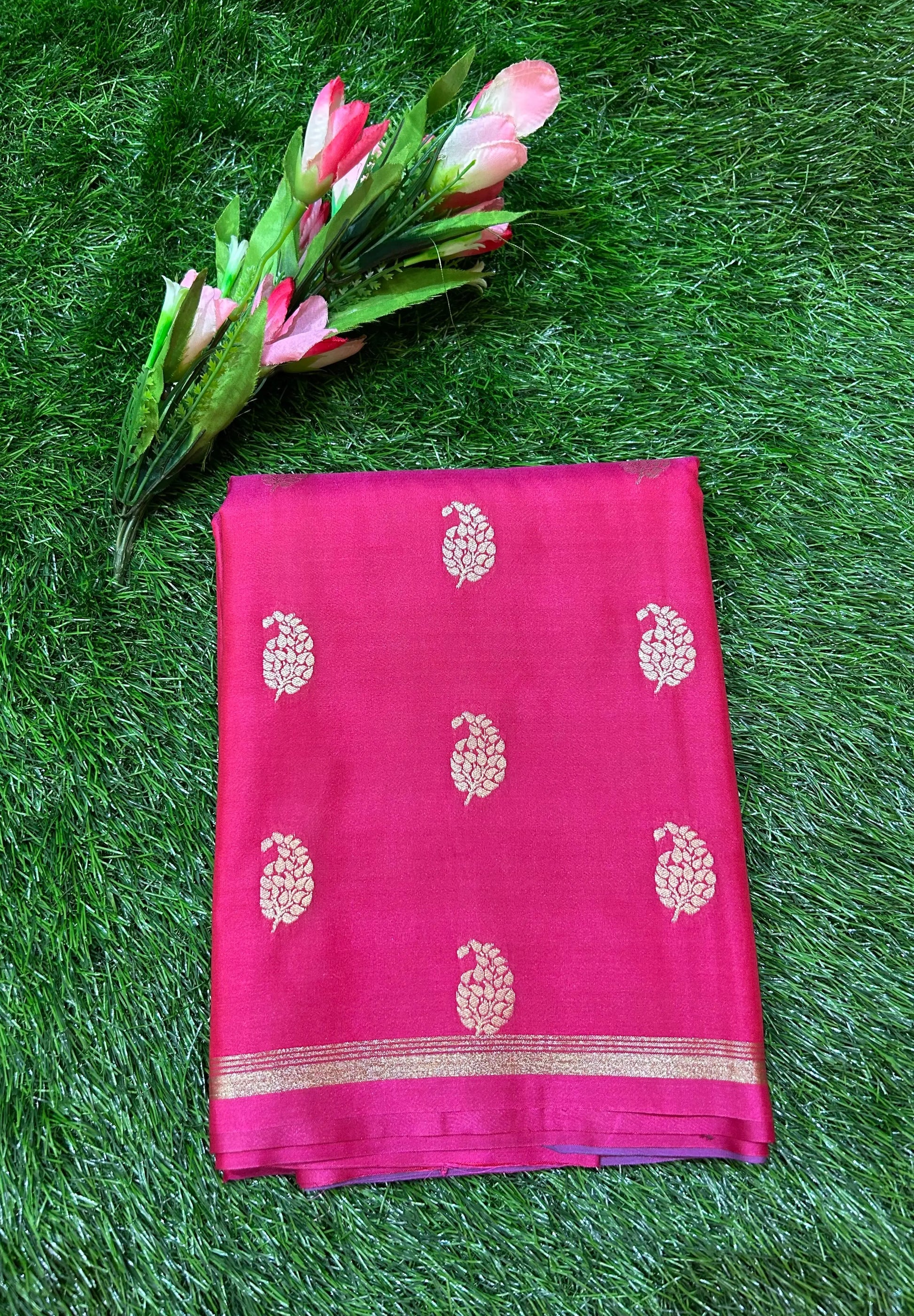 Rani Pink Color Semi Silk Saree for festive wear Mandira Silks