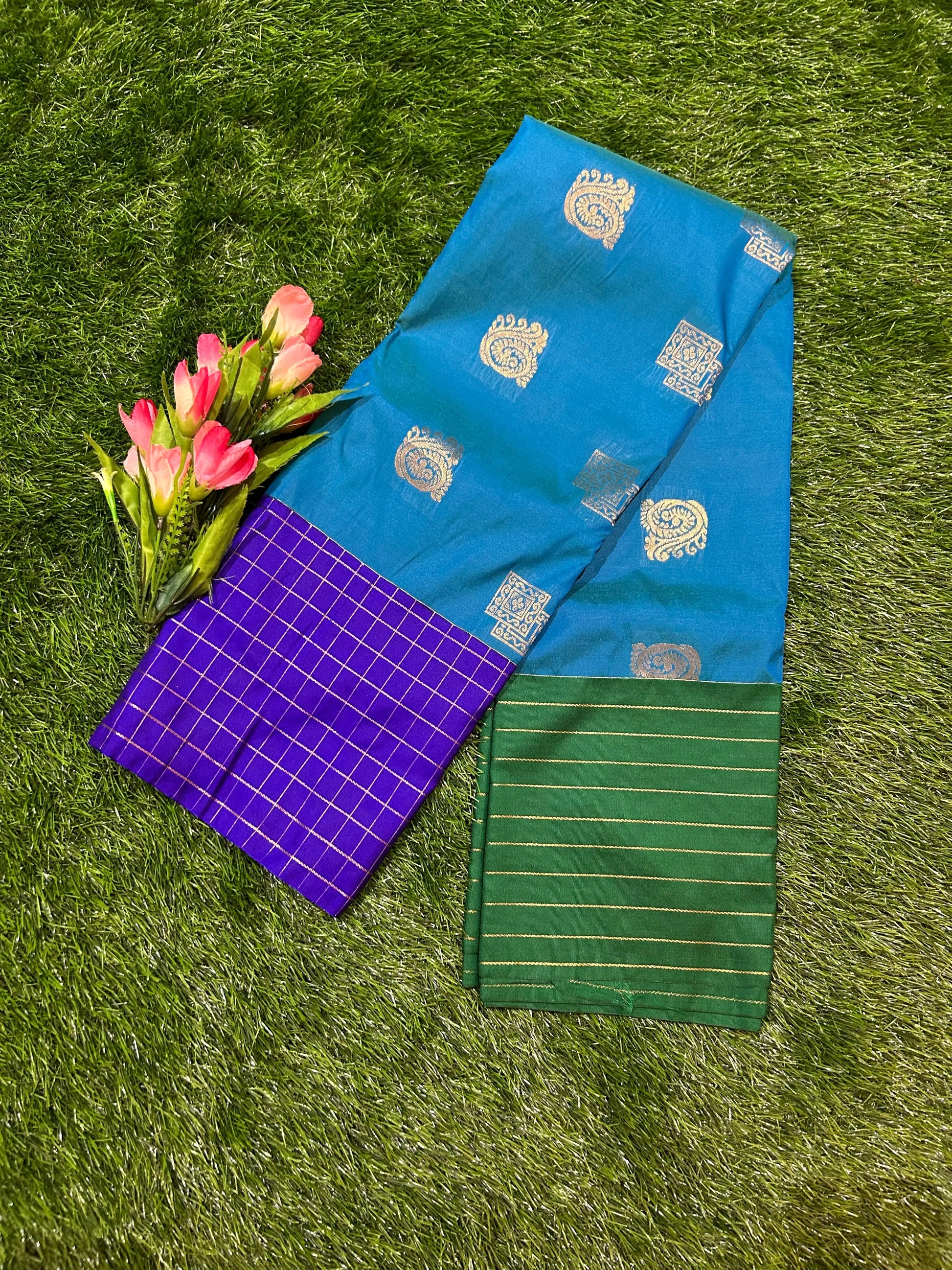 Blue Color Semi Silk Saree with Ganga Jamuna Border for festive wear Mandira Silks