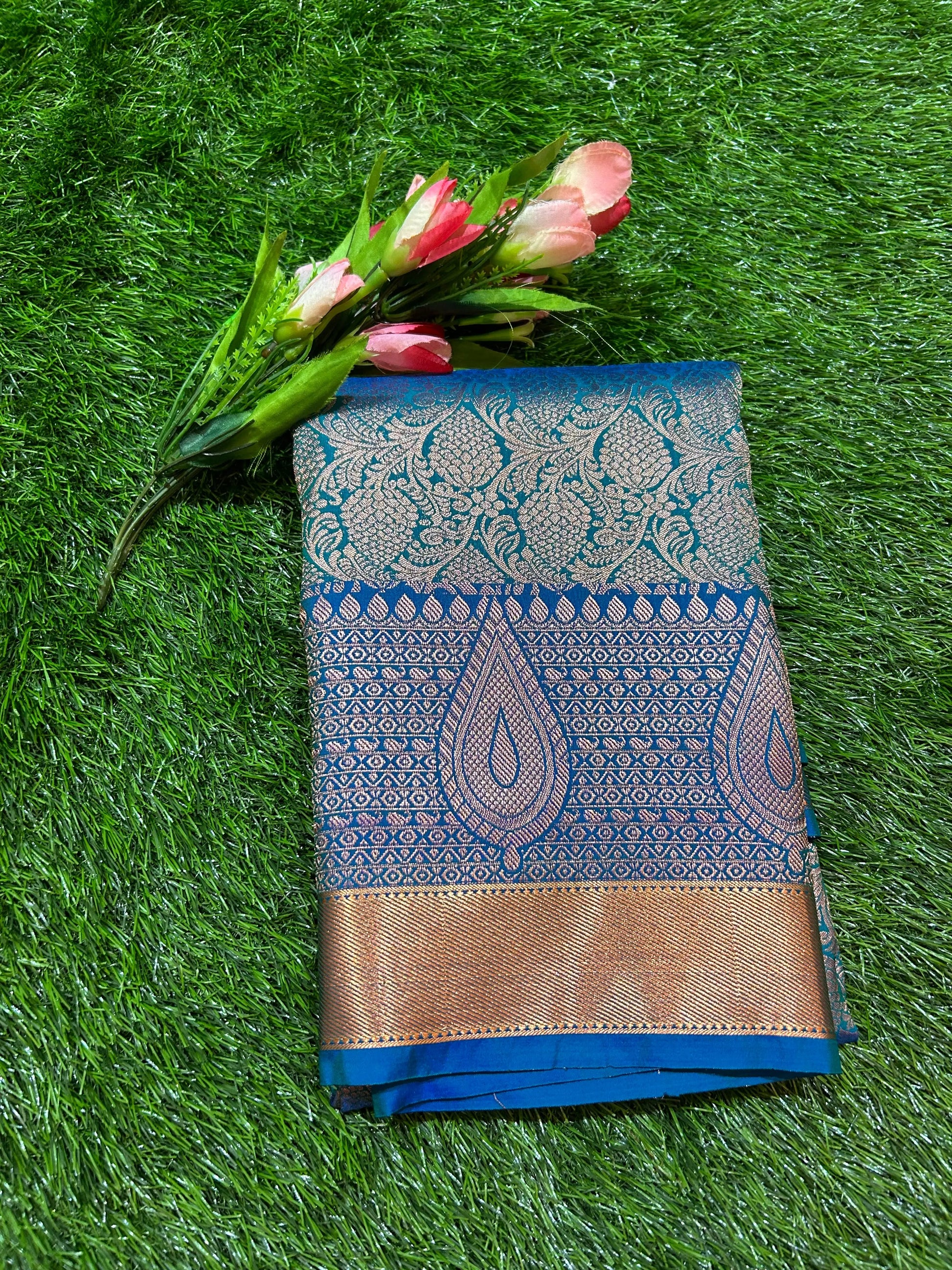 Blue Green Kanjivaram Semi Silk Saree for Festive Wear Mandira Silks
