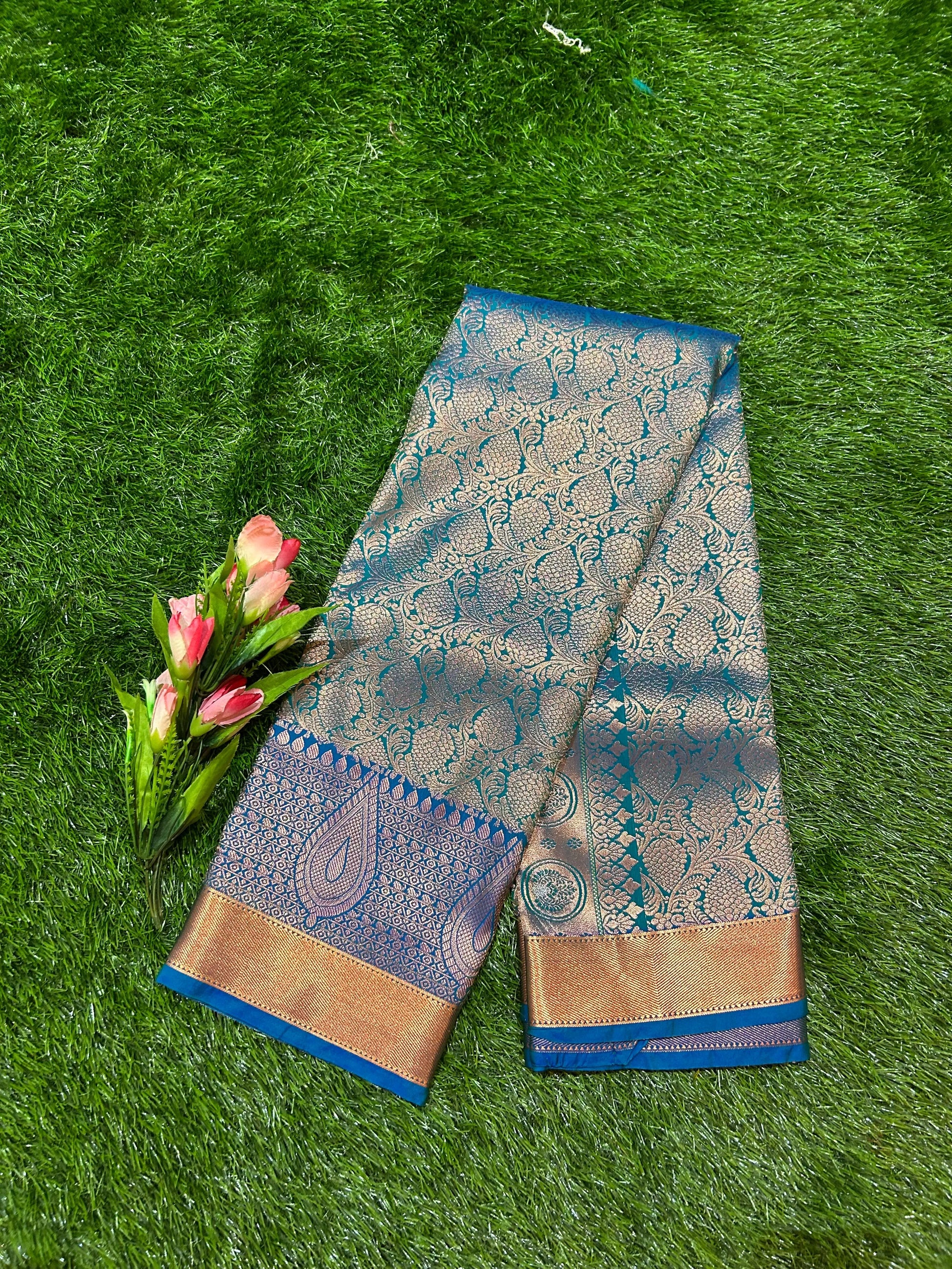 Blue Green Kanjivaram Semi Silk Saree for Festive Wear Mandira Silks