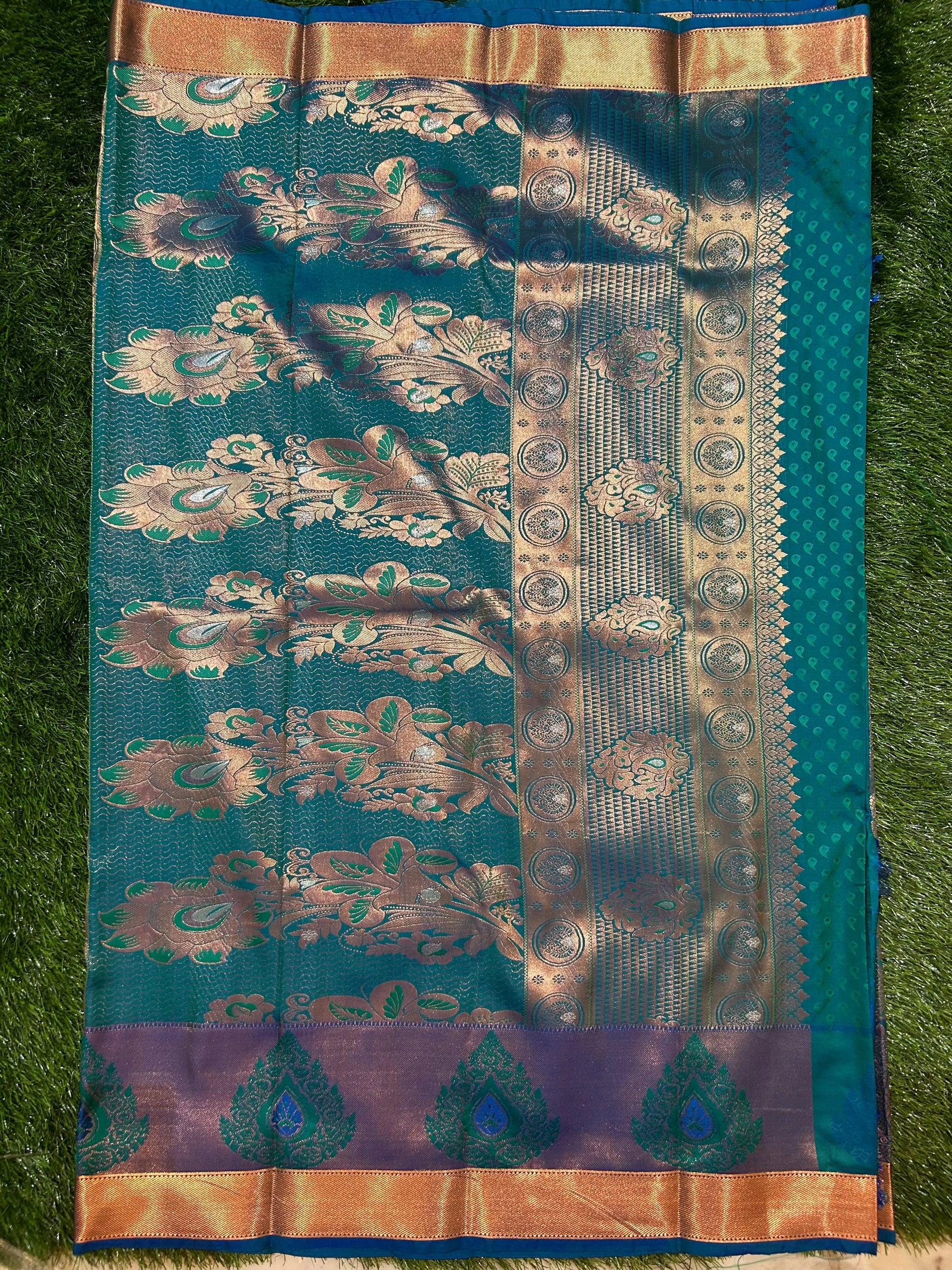Blue Green Kanjivaram Semi Silk Saree for Festive Wear Mandira Silks