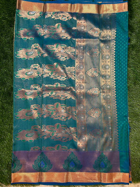 Blue Green Kanjivaram Semi Silk Saree for Festive Wear Mandira Silks