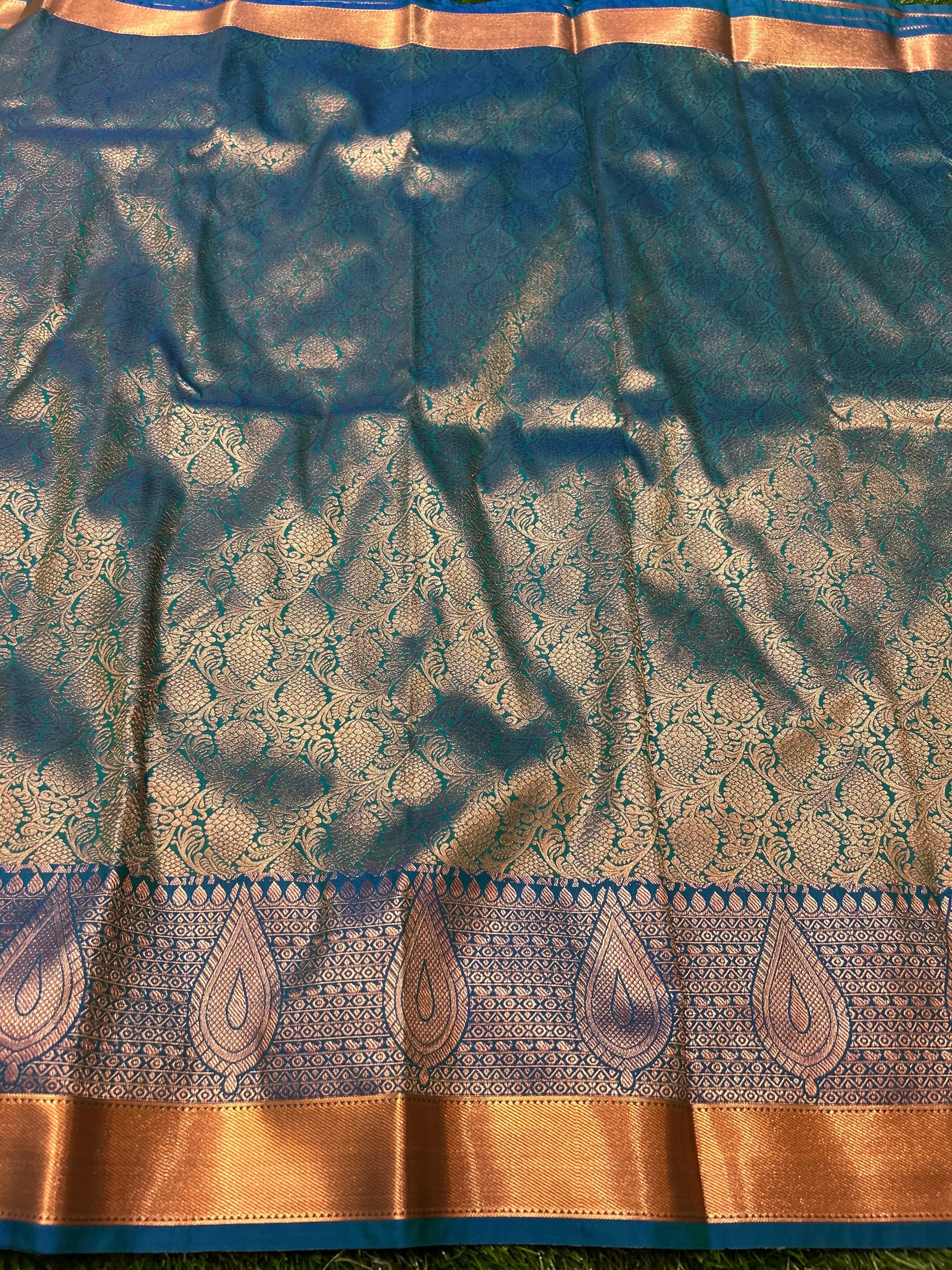 Blue Green Kanjivaram Semi Silk Saree for Festive Wear Mandira Silks