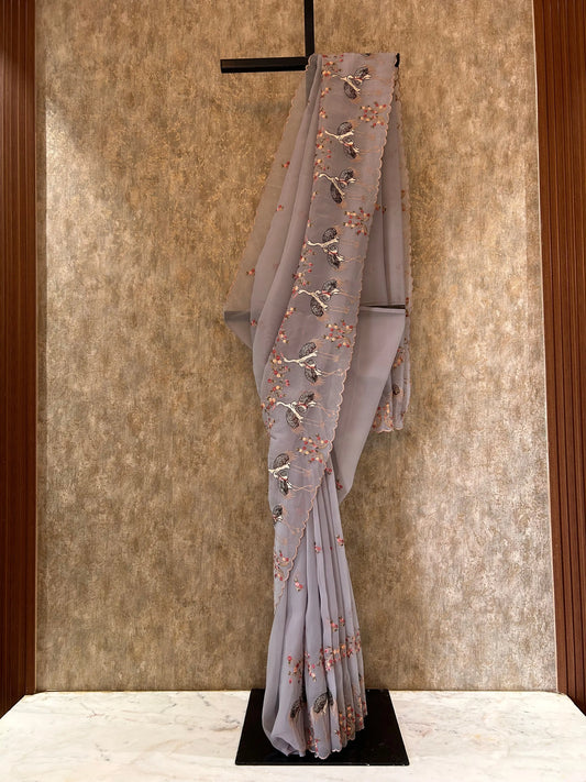 Pale Grey color Raina Tissue designer saree with embroidery work Mandira Silks