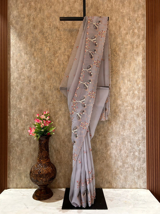 Pale Grey color Raina Tissue designer saree with embroidery work Mandira Silks