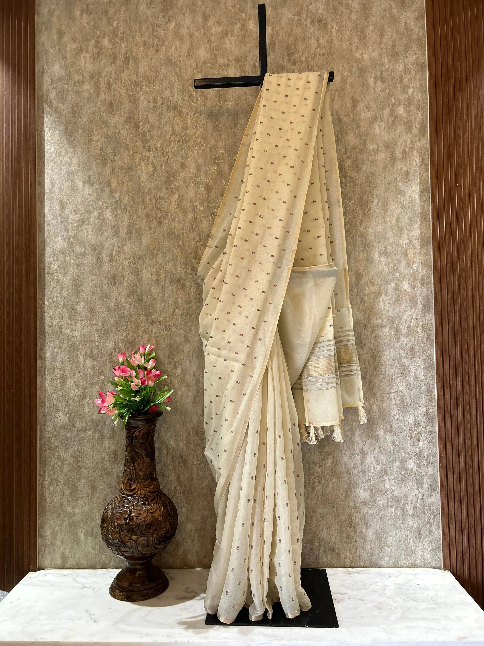 Wheatish white color Chapa Tussar Saree with kantha stich Mandira Silks