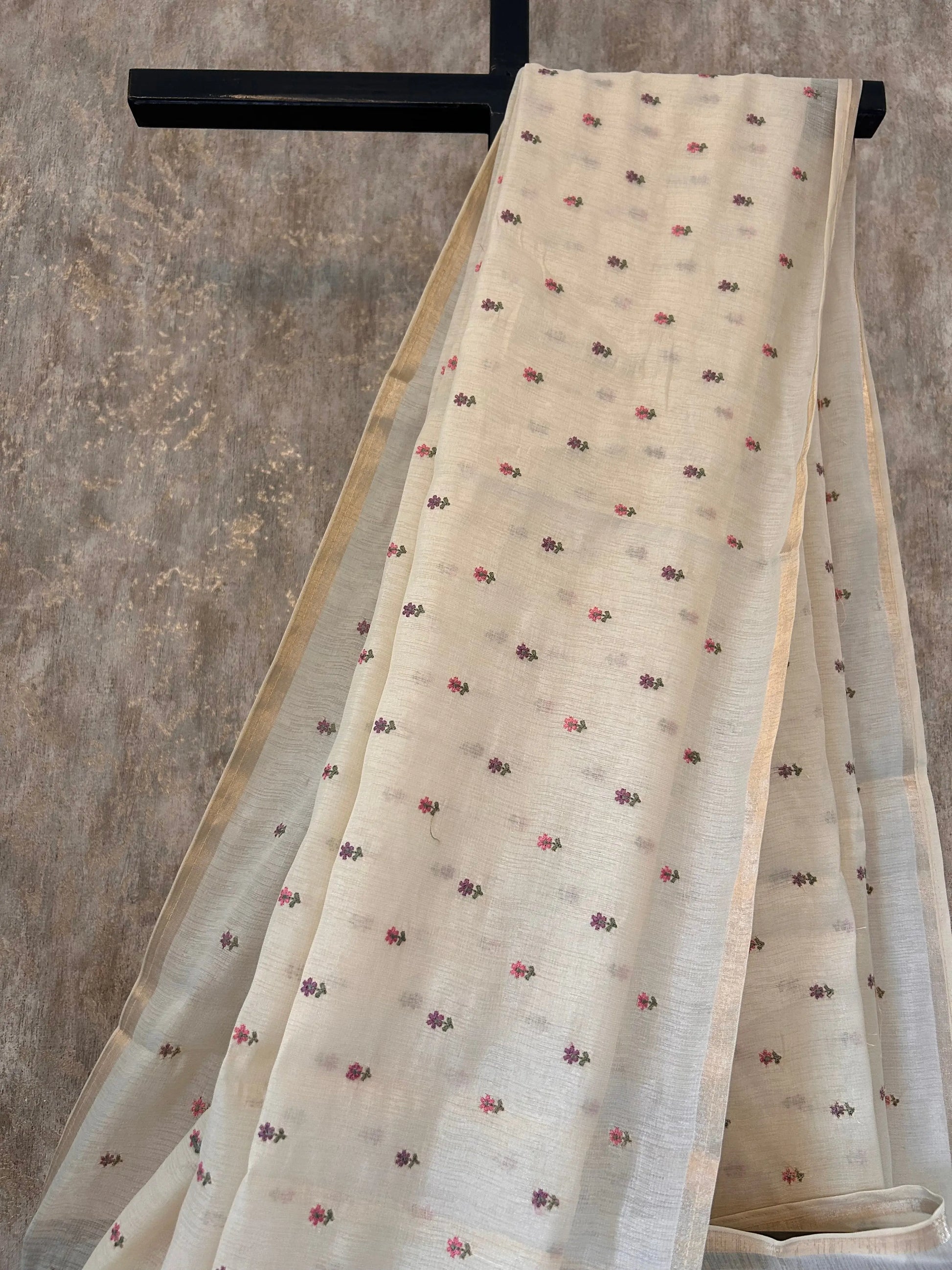 Wheatish white color Chapa Tussar Saree with kantha stich Mandira Silks