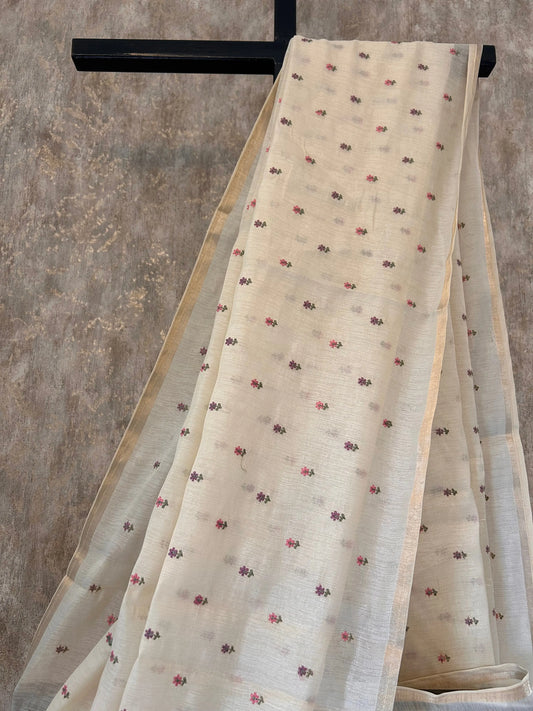 Wheatish white color Chapa Tussar Saree with kantha stich Mandira Silks