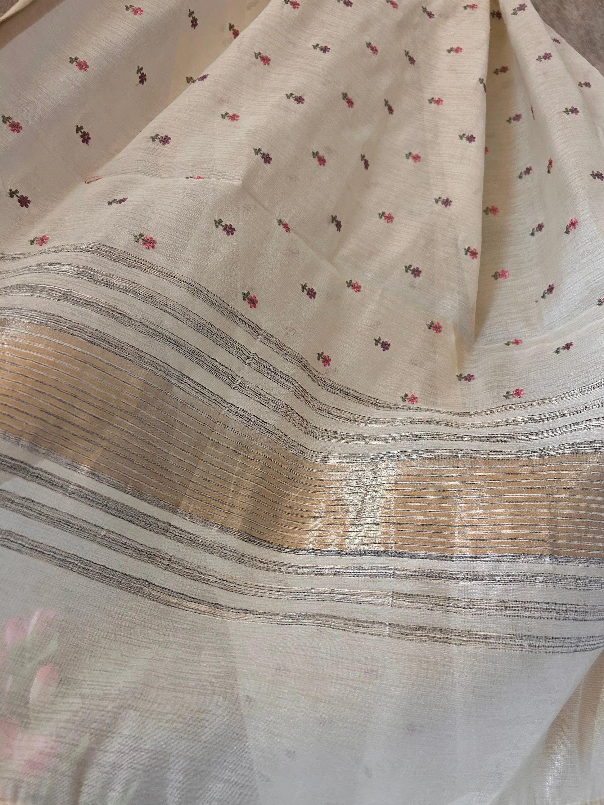 Wheatish white color Chapa Tussar Saree with kantha stich Mandira Silks