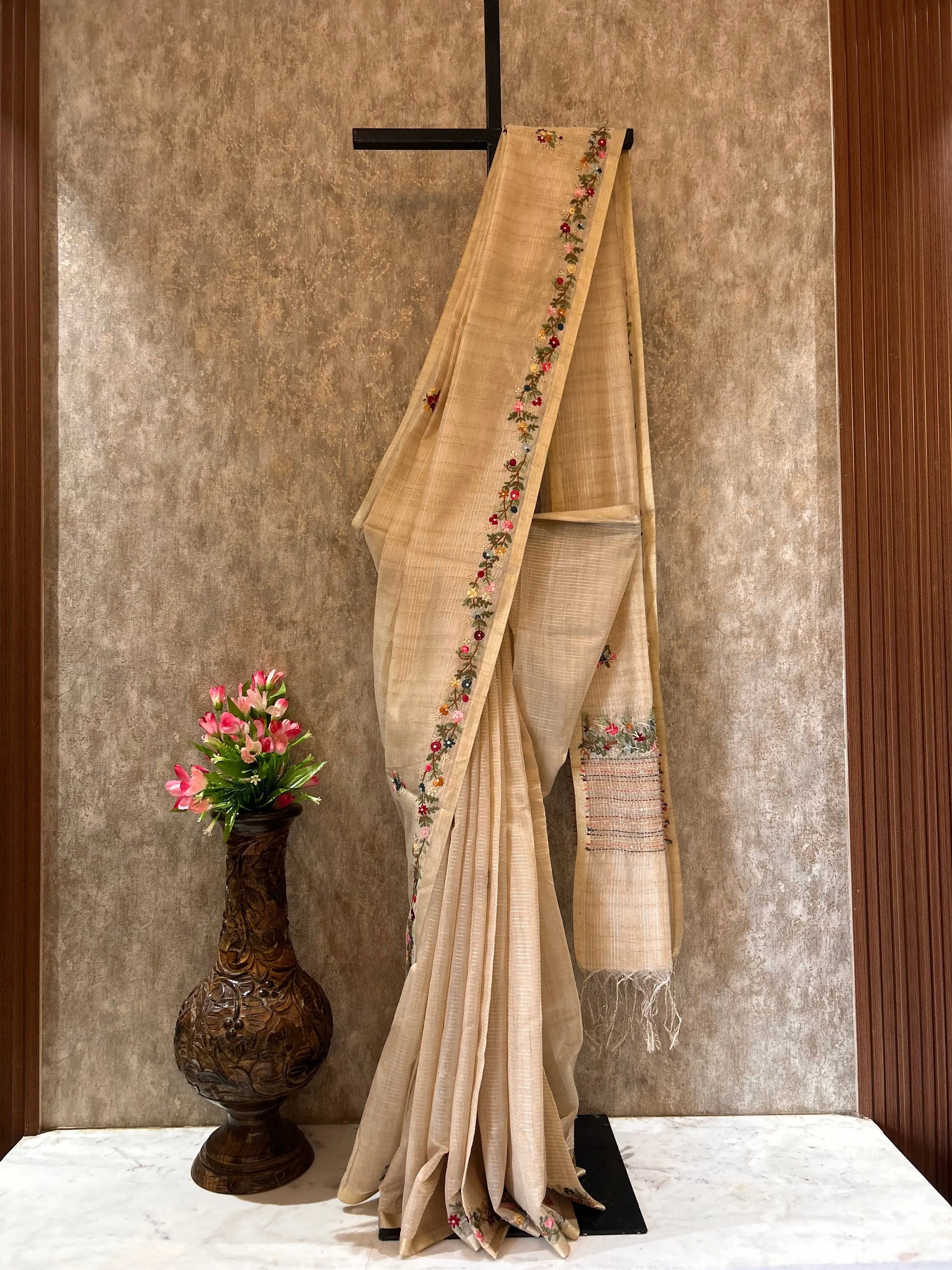 Wheat color Linen Tissue Saree with kantha stich and rich Pallu Mandira Silks