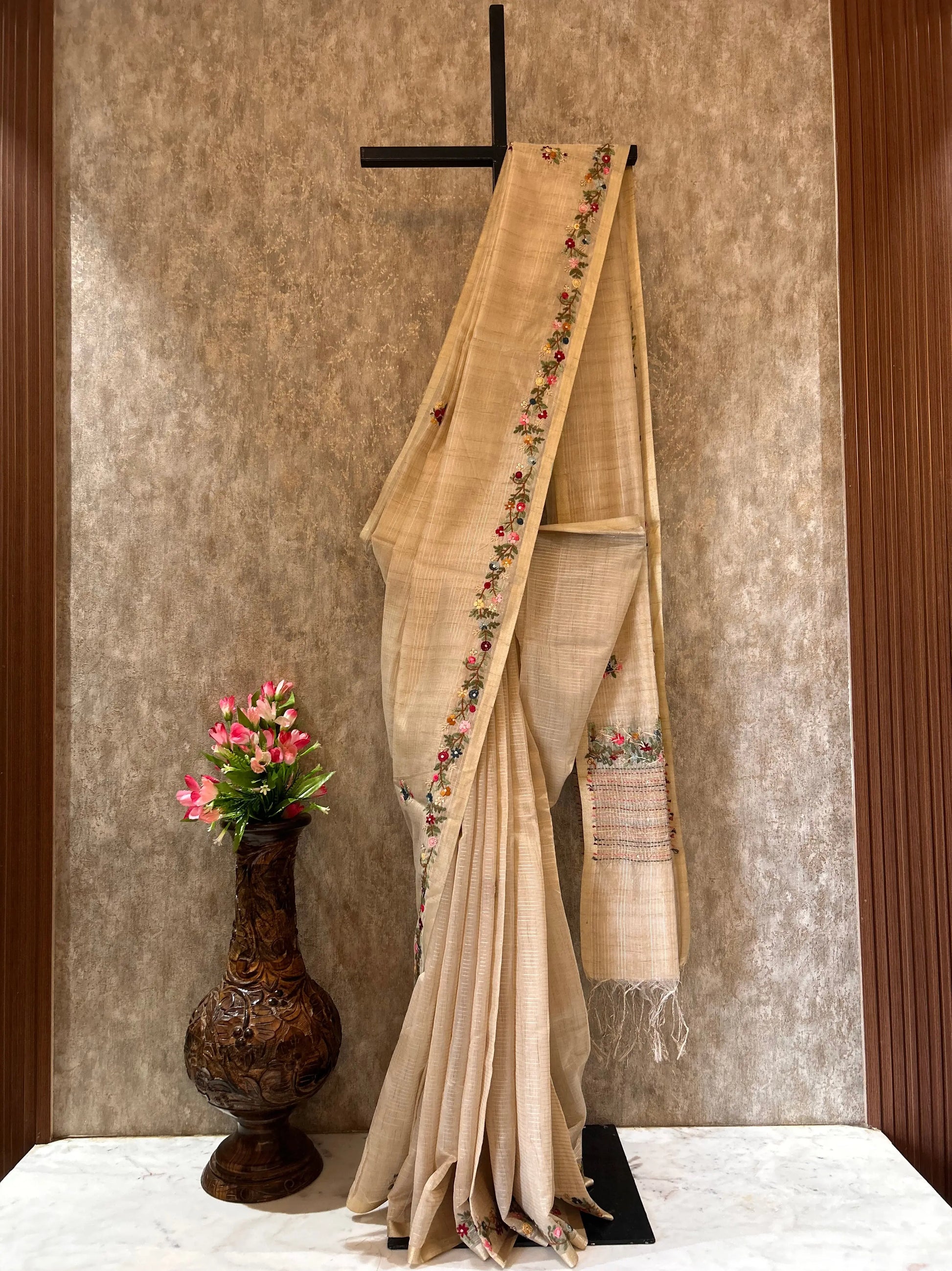Wheat color Linen Tissue Saree with kantha stich and rich Pallu Mandira Silks