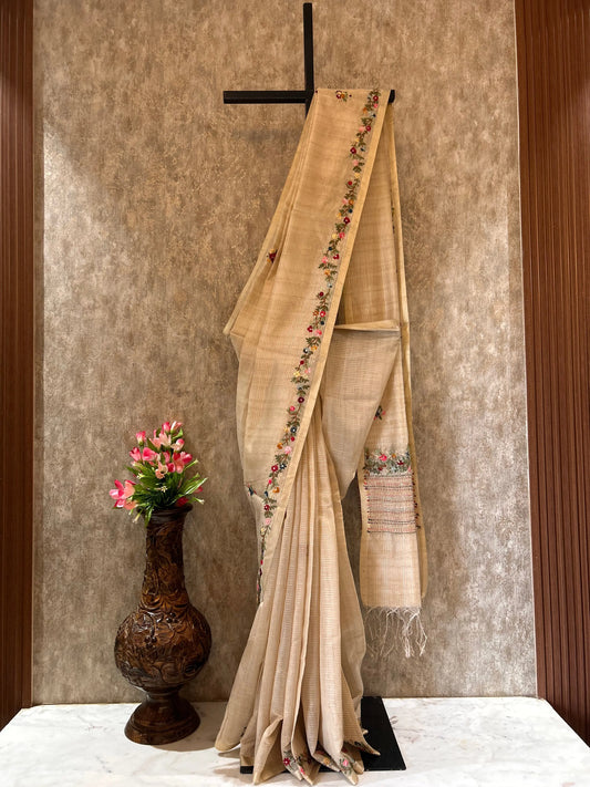 Wheat color Linen Tissue Saree with kantha stich and rich Pallu Mandira Silks