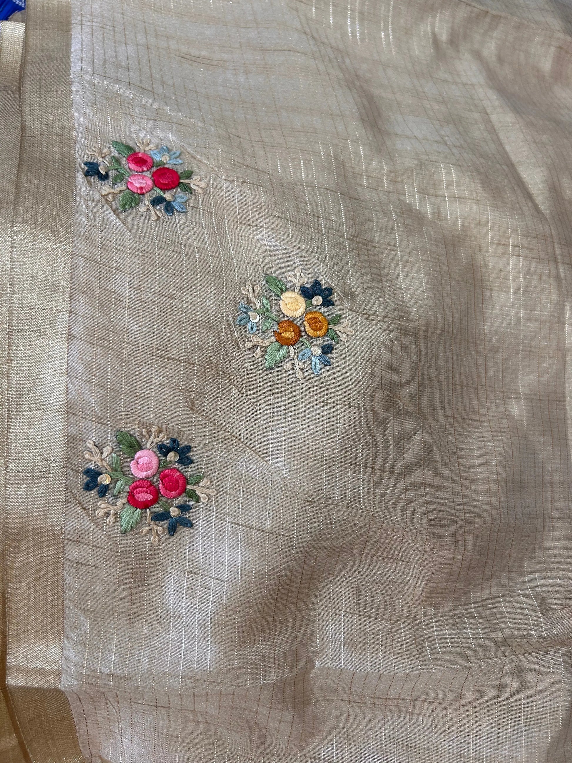 Wheat color Linen Tissue Saree with kantha stich and rich Pallu Mandira Silks