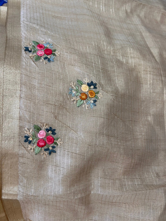 Wheat color Linen Tissue Saree with kantha stich and rich Pallu Mandira Silks