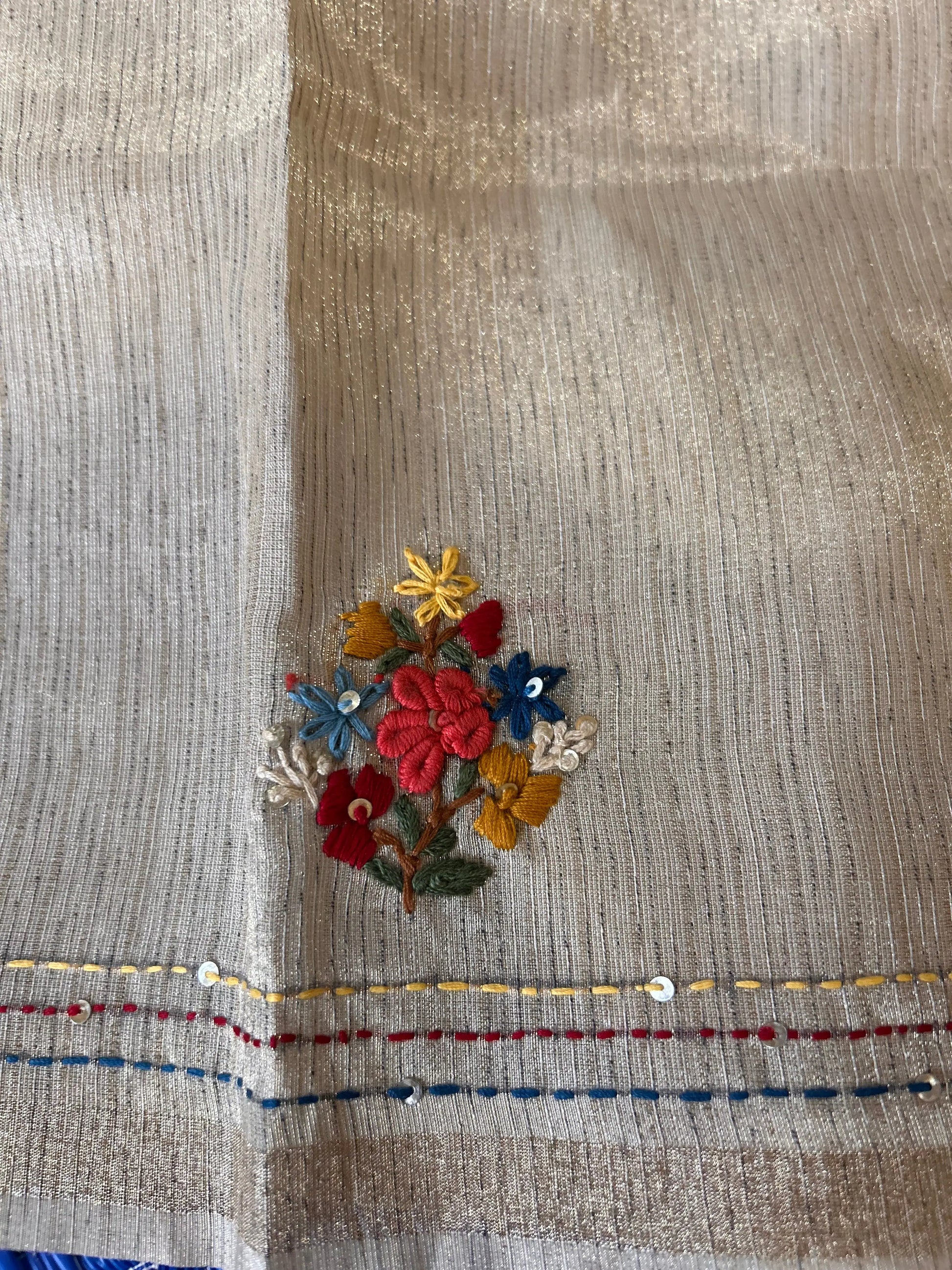 Wheatish white color Chapa Tussar Saree with kantha stich and rich pallu Mandira Silks