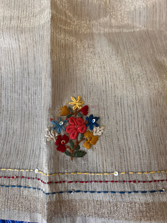 Wheatish white color Chapa Tussar Saree with kantha stich and rich pallu Mandira Silks