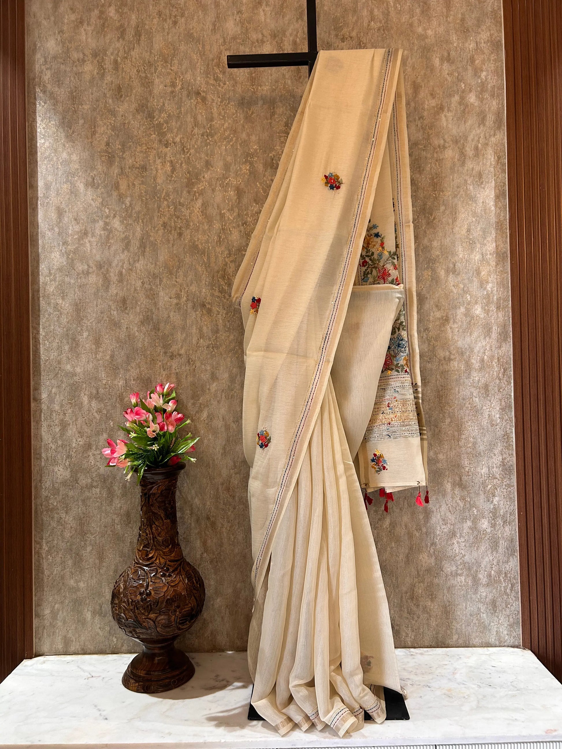 Wheatish white color Chapa Tussar Saree with kantha stich and rich pallu Mandira Silks