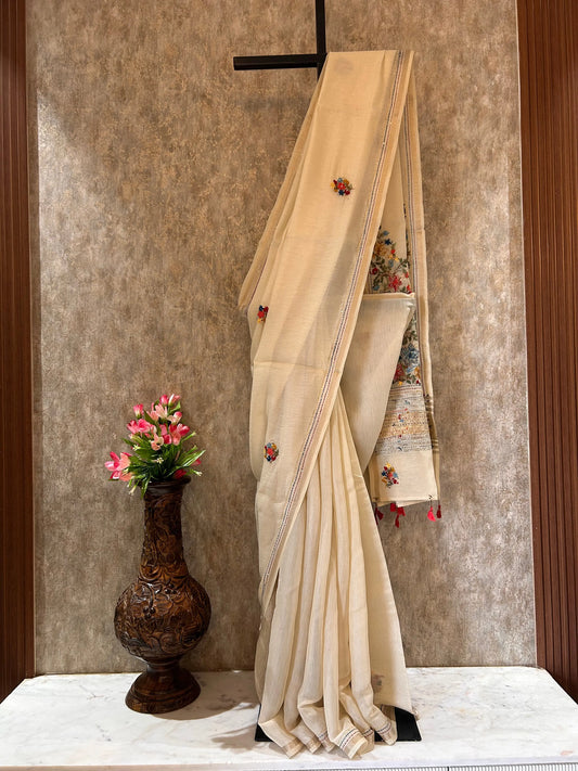 Wheatish white color Chapa Tussar Saree with kantha stich and rich pallu Mandira Silks
