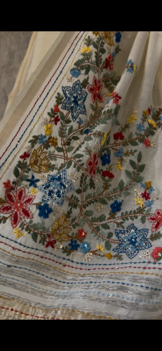 Wheatish white color Chapa Tussar Saree with kantha stich and rich pallu Mandira Silks