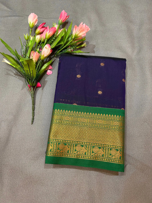 Dark Indigo color Semi Silk Saree with contrast Zari Border Mandira Silks