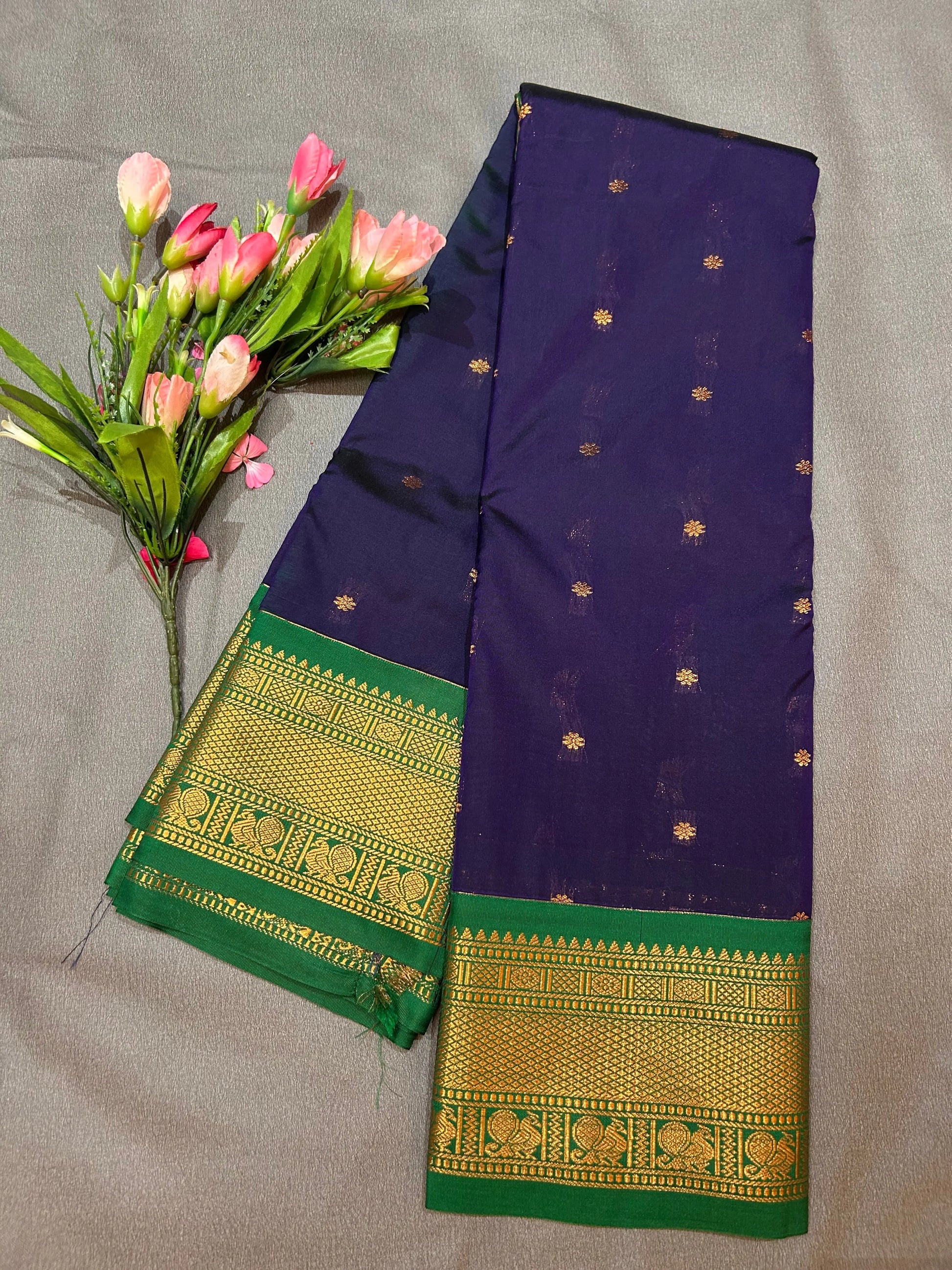 Dark Indigo color Semi Silk Saree with contrast Zari Border Mandira Silks