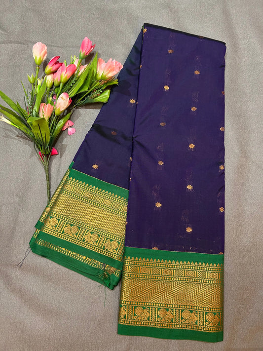 Dark Indigo color Semi Silk Saree with contrast Zari Border Mandira Silks
