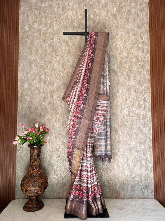 Beige and grey color fancy Saree for daily wear