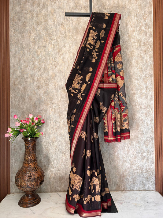 Black color Mangalagiri soft cotton Saree with elephant design