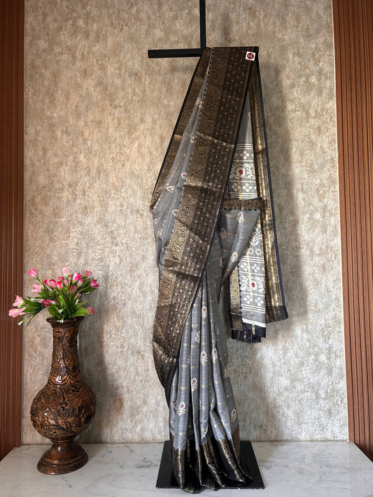 Grey and black fancy Saree for daily wear