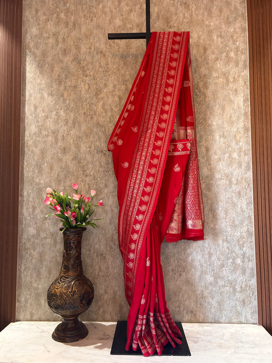 Red color chinon Silk Saree