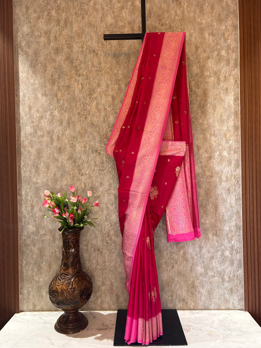 Pink color chinon Silk Saree