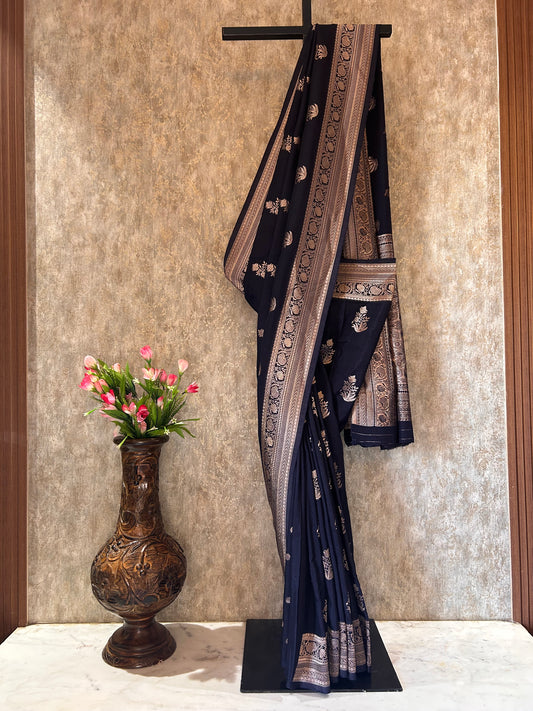 Black color chinon Silk Saree