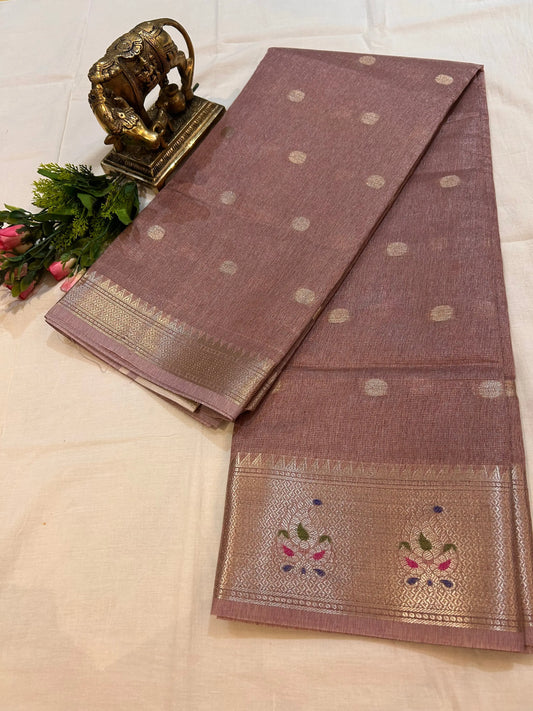Pale Purple color Kota Tissue Saree with Paitani border and buta all over the saree Mandira Silks