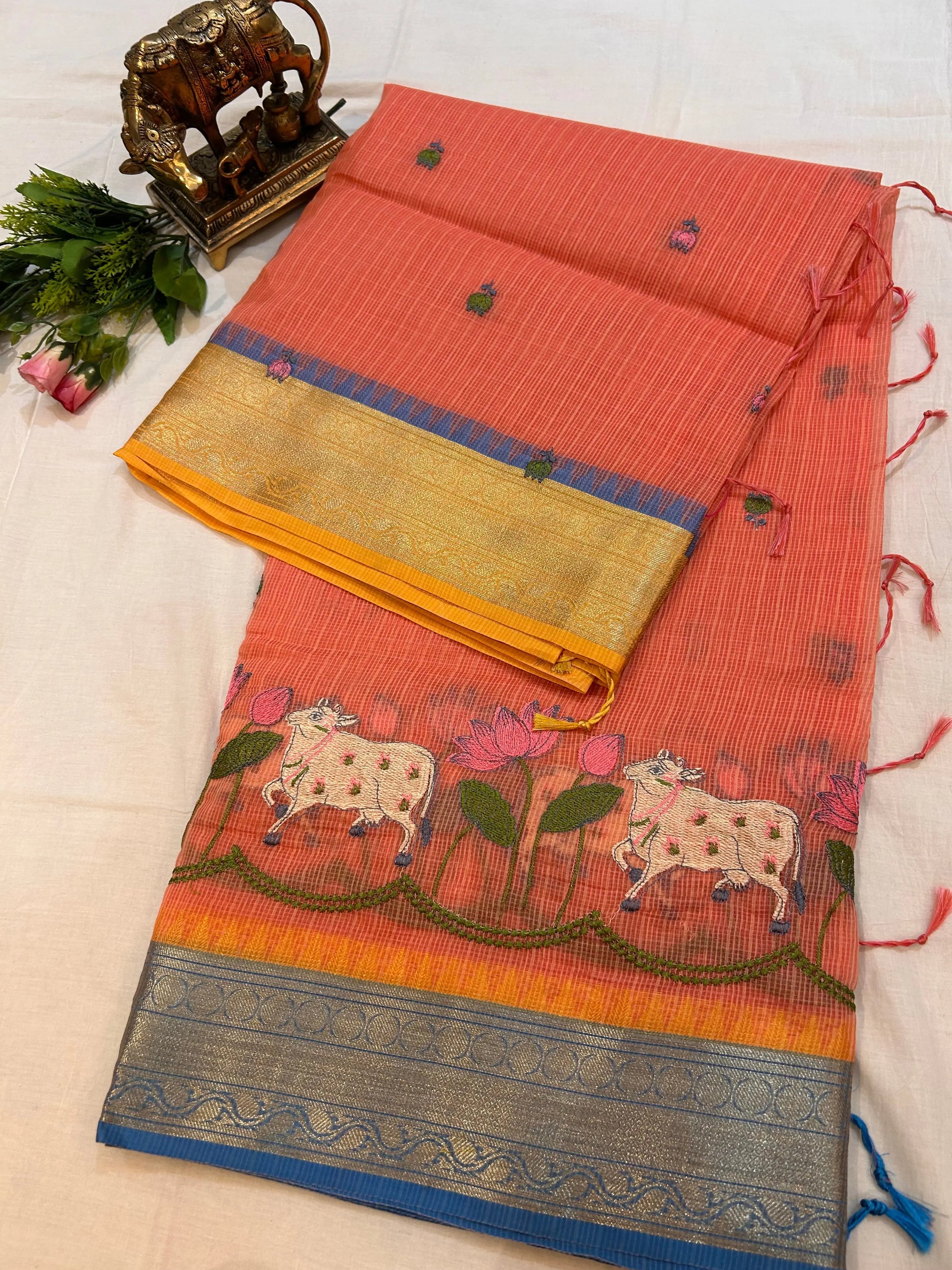 Pale Orange color Kota Saree with pichwai work Mandira Silks