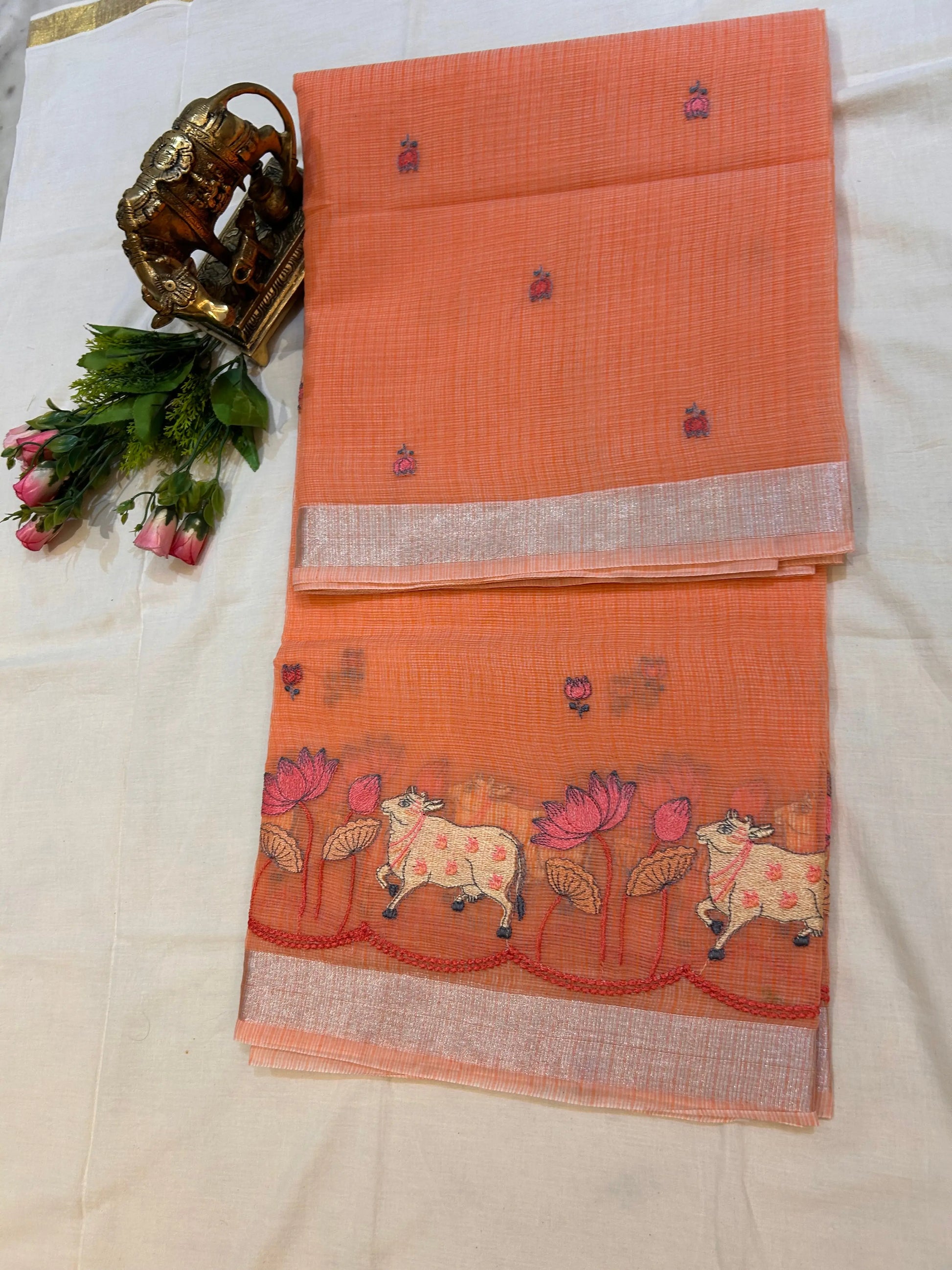 Pale Orange color Kota Saree with pichwai work Mandira Silks