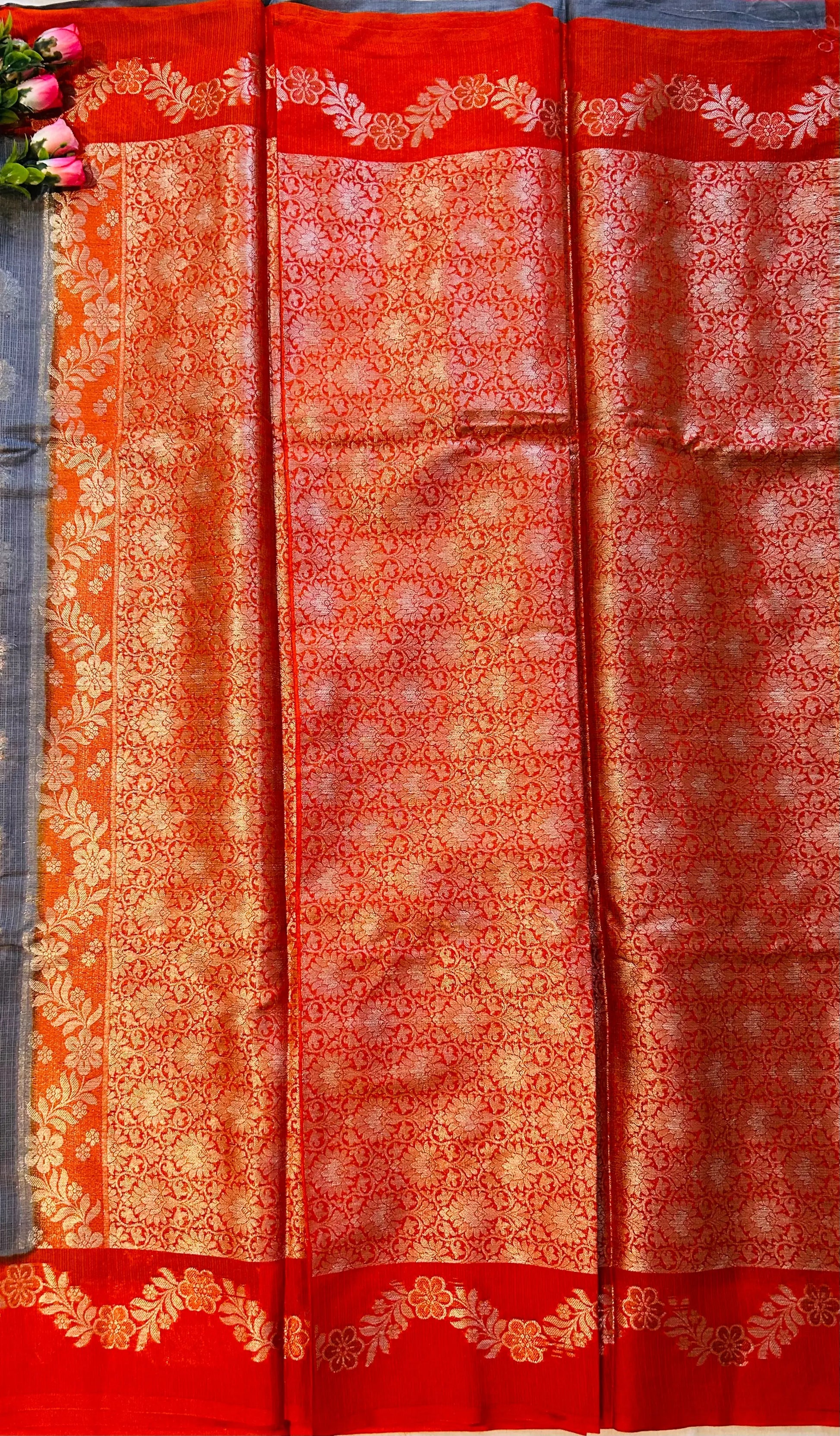 Grey and Orange Combo color Kota Saree with Banarasi weaving Mandira Silks
